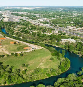Aerial view of Guadalupe River, Interstate 35 and New Braunfels, Texas