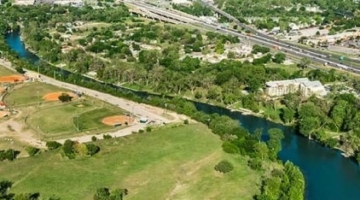 Aerial view of Guadalupe River, Interstate 35 and New Braunfels, Texas